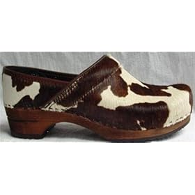 Safari Sanita Dark Brown Cow Closed Heel Wood Clogs