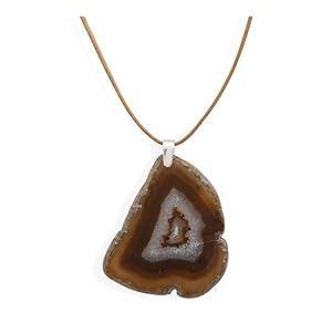 16'' Plus 2'' Leather Necklace With Sliced Brown Agate Pendant by