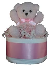 Pink Bear 1 Tier Diaper Cake w/ Pampers Swaddlers, 10" Kuddles Collection Bear, and Precious Cargo Baby Apparel