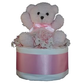 Pink Bear 1 Tier Diaper Cake w/ Pampers Swaddlers, 10" Kuddles Collection Bear, and Precious Cargo Baby Apparel