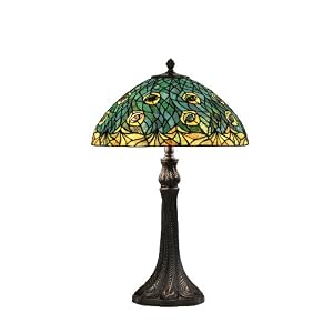 Dark Bronze Peacock Table Lamp with Peacock Tiffany Stryle Stain Glass Shade by Lite Source