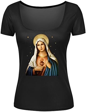 Kelisa 3D Girls Scoop Neck Secred Heart of Blessed Virgin Mary Short Sleeve Tshirt