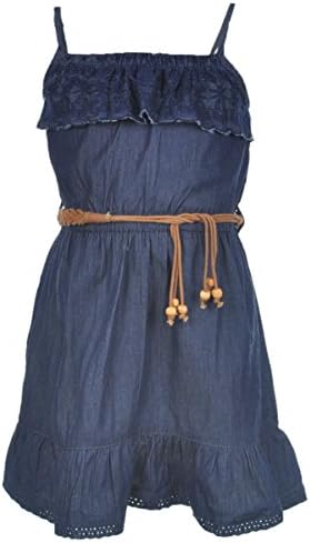 Little Girls' Toddler "Eyelet & Embroidery" Belted Hi-Low Dress - denim blue, 3t