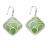 Designer Jade Dangle Earrings with Sterling Silver Leaf Scroll Overlay