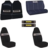 IMAGE OF MOMO Auto Accessories Interior Combo Kit 10 Piece Gift Set - Front & Rear Floor Mats, Front & Rear Seat Covers, Shoulder Belt Pads - Black/Grey