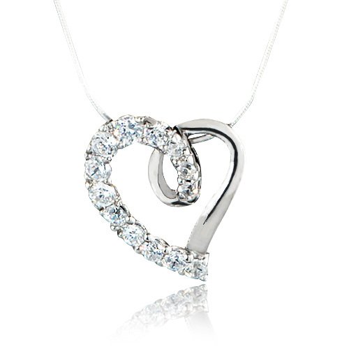 Chuvora Beautiful Sterling Silver Cubic Zerconia Heart Pendant Necklace 18''