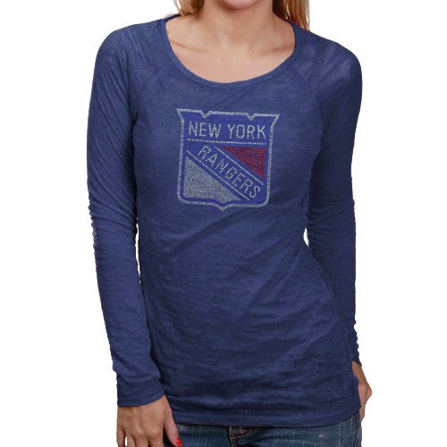 NHL Touch by Alyssa Milano New York Rangers Ladies Royal Blue Sheer Burnout Crystal Logo Premium Long Sleeve T-shirt (Large) at Amazon.com
