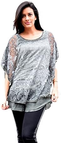 Women's Tunic Blouse Shirt Burnt Out Paisley Print Over Top Grey/Khaki (Small)