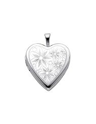 Sterling Silver Flower Engraved Heart Locket Pendant (0.8" or 20mm Height)