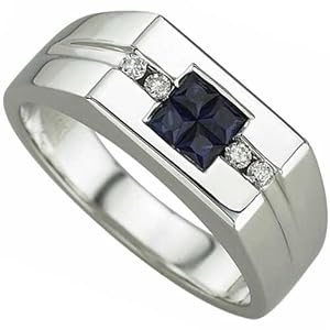 14Kt White Gold Blue Table Cut Sapphire and Diamond Men's Ring