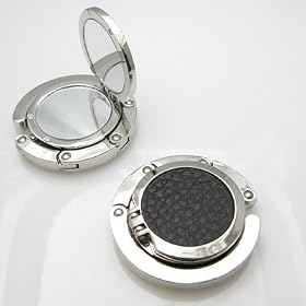 Dark Brown Leather Foldable Purse Hook w/ Mirror Compact