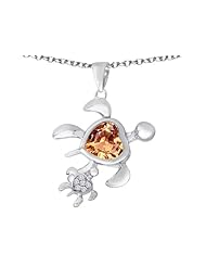 Original Star K (tm) Good Luck Mother and Child Turtle Pendant with Heart Shape Simulated Imperial Yellow Topaz in 925 Sterling Silver