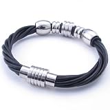 Konov Jewellery Black Braided Genuine Leather Unisex Men's Bracelet, Stainless Steel Charms and Clasp, Colour Black Silver, Length 8, 8.5, 9