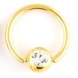 One PVD Stainless Steel Captive Bead Ring: 14g 1/2 Gold, Gem Bead: 6mm, Clear Gem