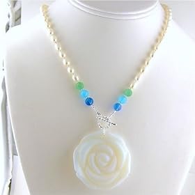 Carved Opalite Flower Pendant and Freshwater Pearls Lariat Necklace Earrings ne1129