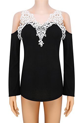 FUNOC  Womens Sexy V-Neck Lace Off Cut Out Shoulder Long Sleeve Tops Shirt (Black)-X-Large