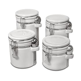 White Hinged Canisters with Spoons - Set of 4 by Oggi