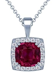 14K White Gold Cushion Cut Ruby And Round Diamond Pendant