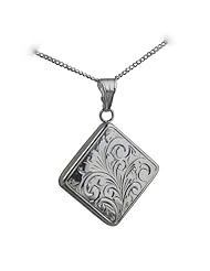 British Jewellery Workshops Silver 22mm hand engraved flat diamond shaped Locket with Curb chain
