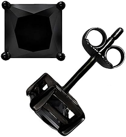 YES It's Sterling Silver Black on Black Princess Cut Square Cz Basket Set Unisex Stud Earrings (4MM)