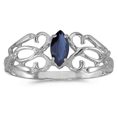 Marquise Blue Sapphire Filigree Ring Antique Style 14k White Gold