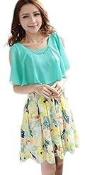 Chiffon Floral Print Off the Shoulder Knee Length Stretchy Pleated Summer  Dress