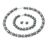 Genuine Swarovski Crystal Pearl Royal Necklace/Bracelet/Earring Set with All Around Rondelles - Tahitian (8mm)