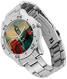 Special Design Phone Box and Big Ben in London of Britain Custom Men's Stainless Steel Analog Watch Sliver Metal Case, Tempered Glass