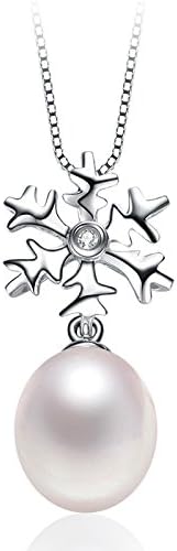 Snowflake Design Winter Christmas Sterling Silver Cubic Zirconia 8-9mm Freashwater Pearl Pendant Necklace