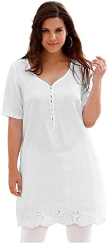 Ellos Women's Plus Size Top, Tunic Length With Eyelet Trim (White,22 W)
