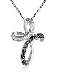 Sterling Silver 1/4cttw Black and White Diamond Cross Pendant Necklace, 18"