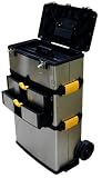 Three-Chest Professional-Grade Stainless Steel Portable Tool Storage System - Extending Handle - Roller Wheels