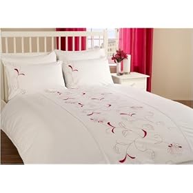 Honeysuckle White and Cerise King Size Embroidered Duvet Cover Set