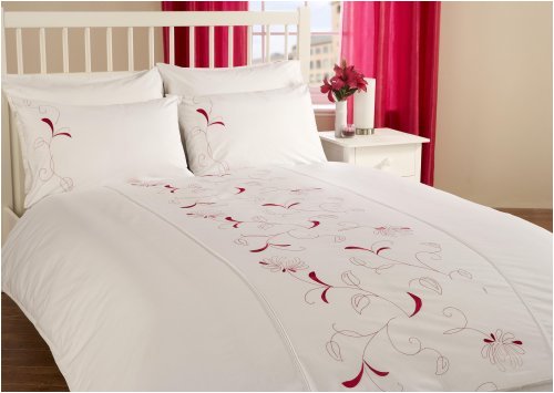 Honeysuckle White and Cerise Double Embroidered Duvet Cover Set