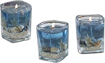 DecoGlow Seaside Villa Collection 3-Piece 2-Inch Square Glass, Blue Gel Candle With Decorative Shells