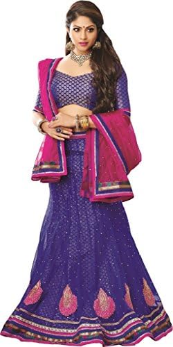 Suchi Women's Royal Blue and Pink Embroidery Border Work Net Semi Stitched Le...