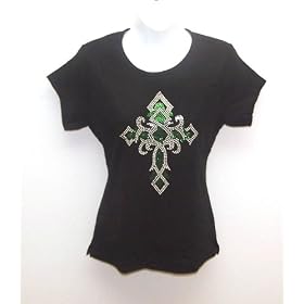 Green Cross Rhinestone Black Ladies T Shirts Top Sz M - 2xl
