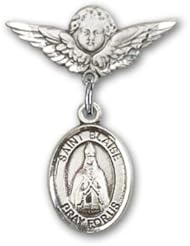 Sterling Silver Baby Badge with St. Blaise Charm and Angel W/wings Badge Pin,catholic Saint Blaise Patron Saint of Throat Ailments, Veterinarians, Wild Animals, Sore Throat