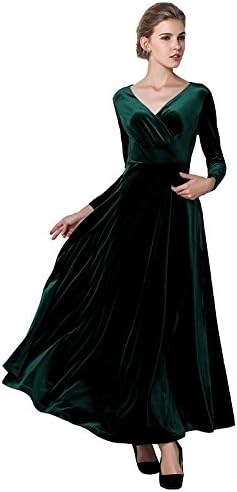 Izaac Elegant Gold Velvet Ruffle Long Sleeve Evening Party Ball Gown Long Maxi Dress (US 10/ Asia XXL, green)