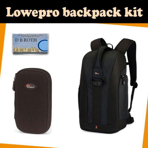 LowePro Backpack kit which includes the Lowepro Flipside 300 Backpack (Blue) + DMC-Z wallet for memory card(s), batteries, Mini DV tapes and more + DB ROTH Micro Fiber Cloth.