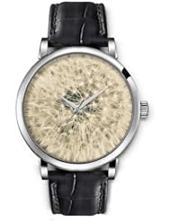 SPRAWL Aanalog Fashion Series Silver Ladies Watches of Genuine Black Leather Strap,Unique Wrist Watch for Women Girls Designed with Dandelion