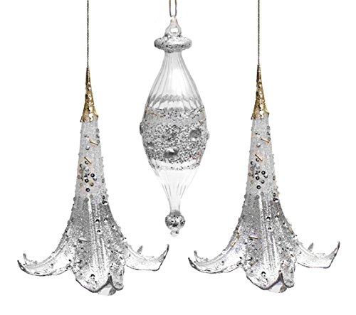 Holiday Lane Silver Flower Bell and Glass Silver Drop Ornaments; Set of 3
