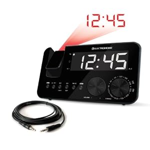 Electrohome AM/FM Projection Clock Radio with WakeUp! Battery Backup Alarm, Jumbo 1.2 inch LED Display, SelfSet Auto Time Set & Dual Alarm (EAAC500US) & One Bonus High Quality 6-foot Stereo Audio Cable for MP3 Players (CAB35MM5)