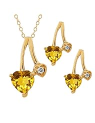 1.66 Ct Heart Shape Yellow Citrine 18k Yellow Gold Pendant Earrings Set