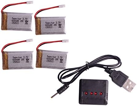 OLOKAA®3.7V 600mAh 20C Lipo Battery(4PCS) with 4 In 1 X4 Battery Charger for OLOKAA-X5 X5C Parts