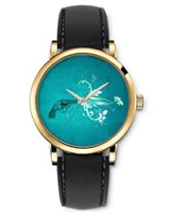 SPRAWL Aanalog Fashion Series Gold Ladies Watches of Genuine Black Leather Strap,Unique Wrist Watch for Women Girls Designed with Weapon of flowers blue cyan background