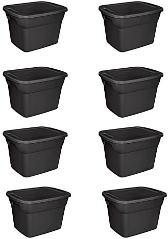 8 Plastic Tote Box 18 Gallon Black Stackable Storage Bin Container with Lid Set