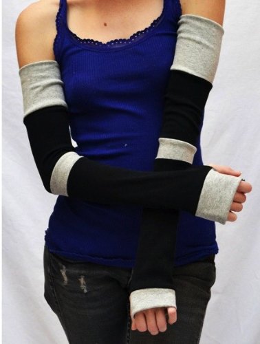 Trixy Xchange Extra Long Black and Grey Striped Patchwork Arm Warmers