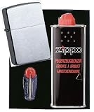Produkt-Bild: Zippo Feuerzeug Chrom geb&uuml;rstet Geschenkset mit Benzin + Feuerstein-Spender