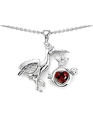 Original Star K (tm) New Baby Stork Mother Pendant with Genuine Heart Shape Garnet in .925 Sterling Silver